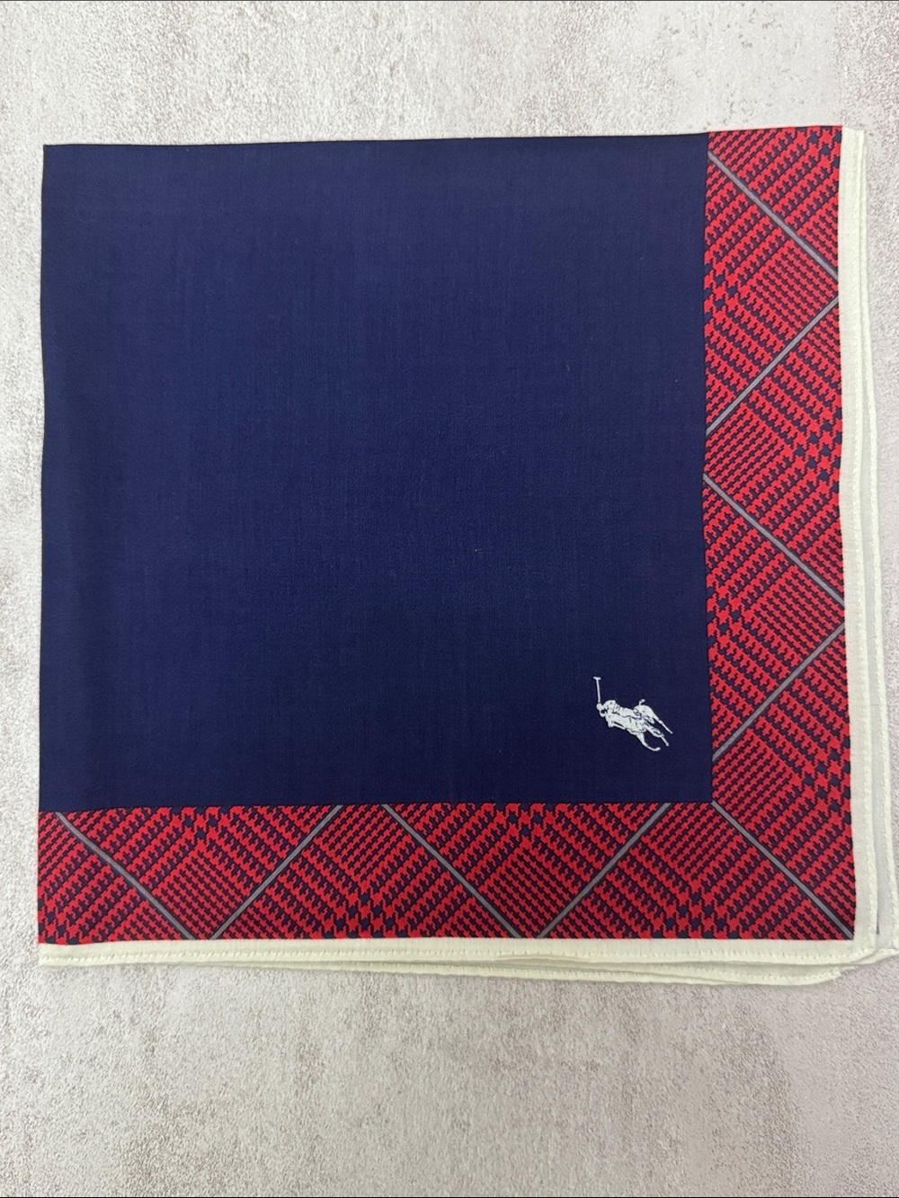 Polo by Ralph Lauren Navy Pocket Square with Red Patterned Border - Picture 2 of 4